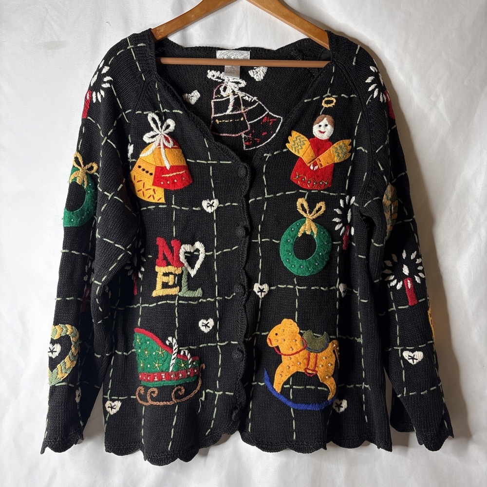 Vtg‎ American Woman's Shop 1X Ugly Christmas Cardigan Granny Beaded Sweater